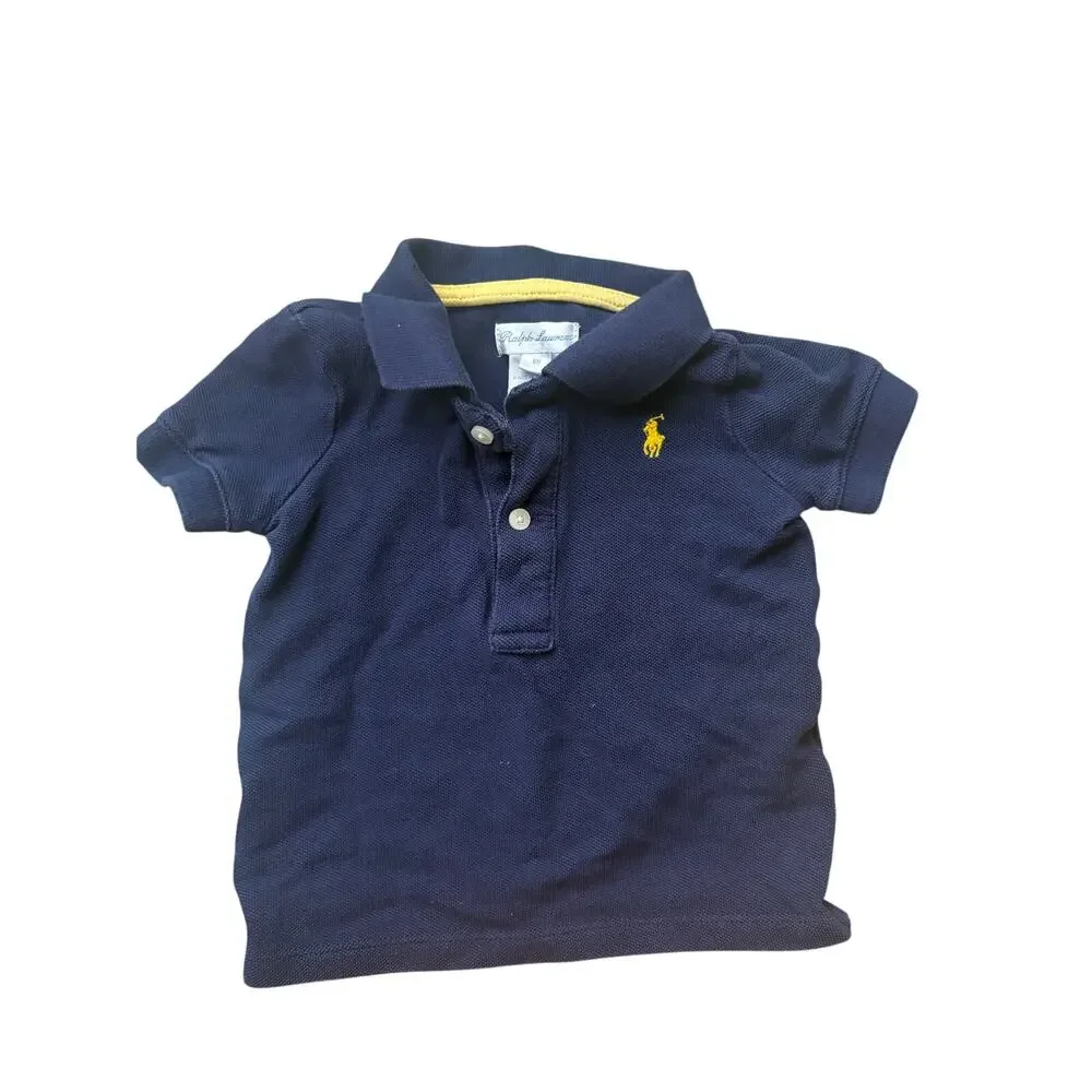 Ralph Lauren Polo Shirt Baby Boy 6m Mesh Pony‎ Navy Blue Yellow Button Placket